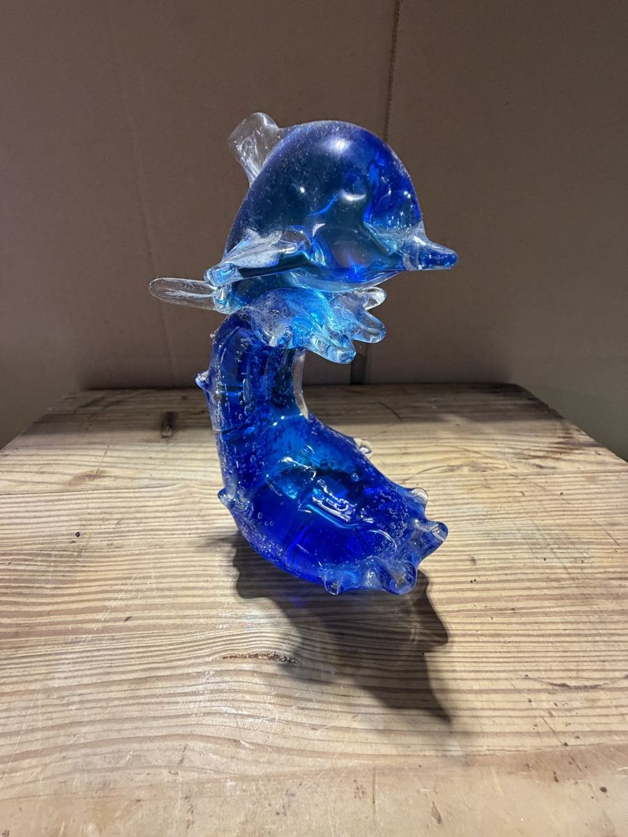 Blue Art Glass Dolphin on a Wave