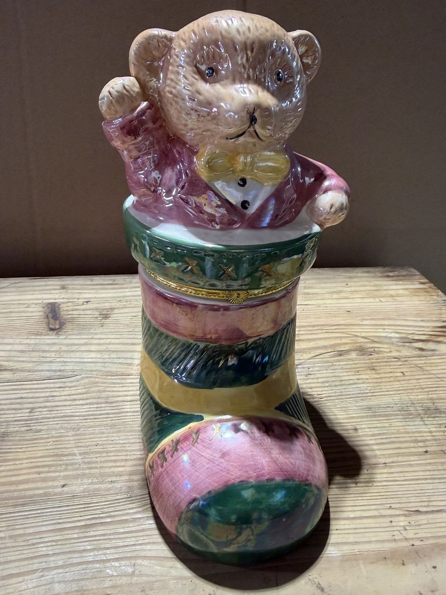 Teddy Bear in Christmas Stocking Hinged Box
