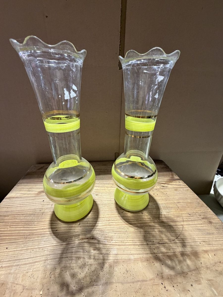 Pair of Yellow-Band Ruffled Glass Bud Vases